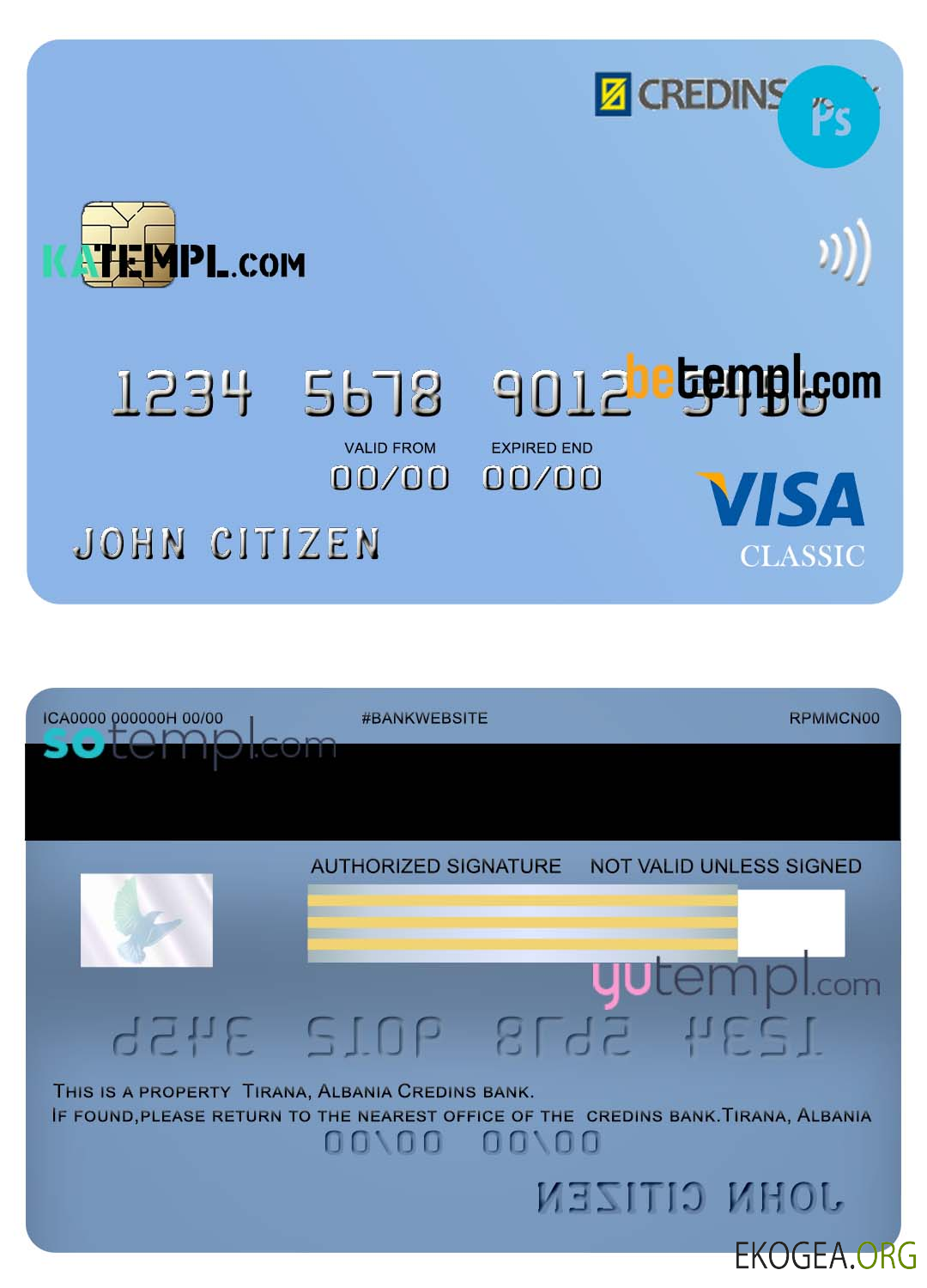 Modèle de carte de débit visa bancaire Albanie Credins au format PSD, entièrement modifiable